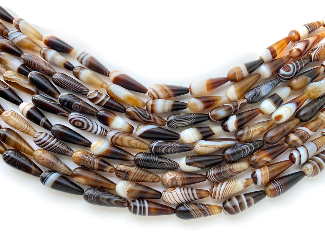 15.25" 10x30mm matte/frosted brown stripe agate teardrop beads