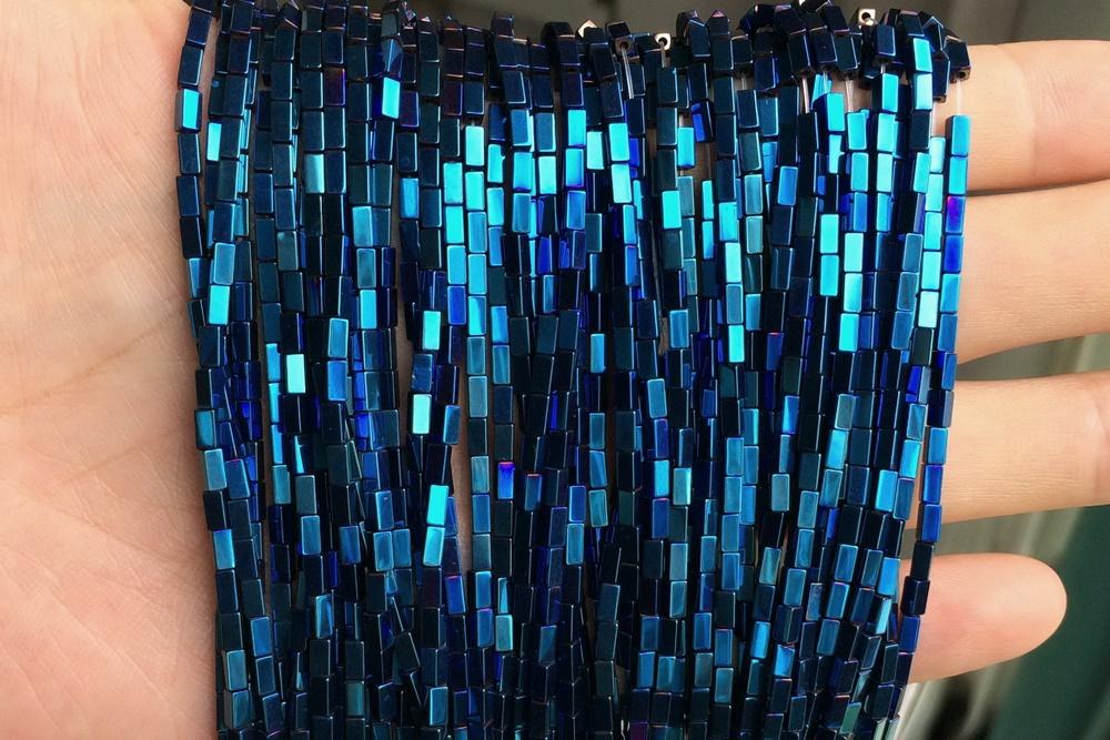 15.5" 2x4mm Blue Hematite stone rectangle tube beads