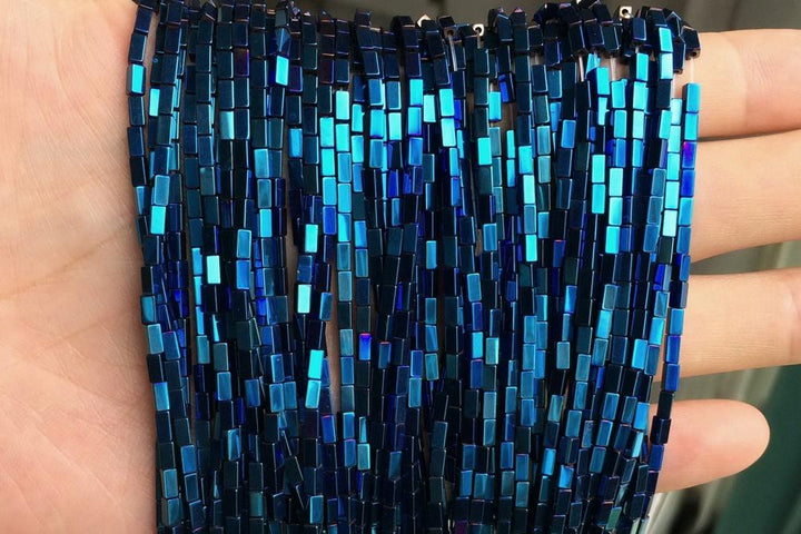 15.5" 2x4mm Blue Hematite stone rectangle tube beads