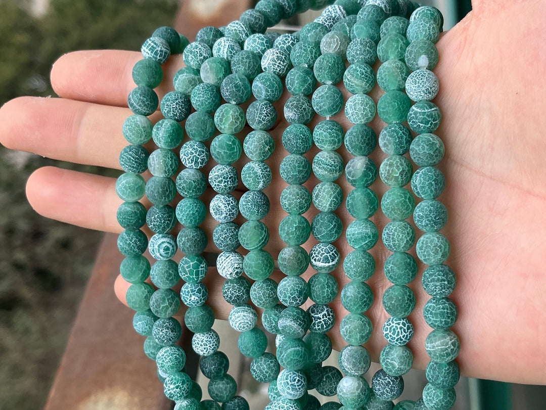 15" 8mm/10mm/12mm matte green fire dragon veins Agate Round beads