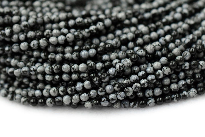 15.5" Natural Snowflake Obsidian 2mm round beads, small black white semi-precious stone