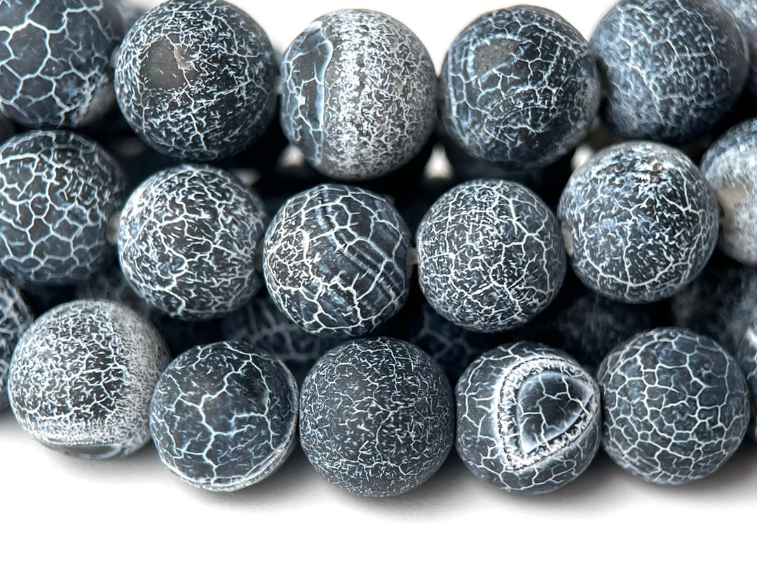 15" 8mm/10mm/12mm frosted black dream fire dragon veins Agate Round beads