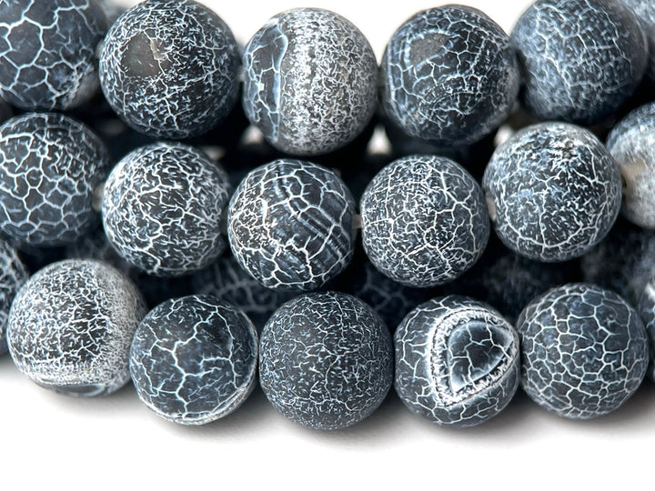 15" 8mm/10mm/12mm frosted black dream fire dragon veins Agate Round beads