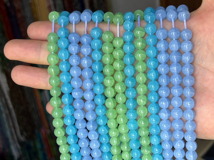 15" 8mm Blue green Glass round beads, angelite blue cracked glass