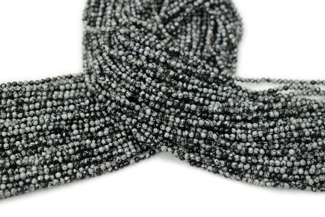15.5" Natural Snowflake Obsidian 2mm round beads, small black white semi-precious stone