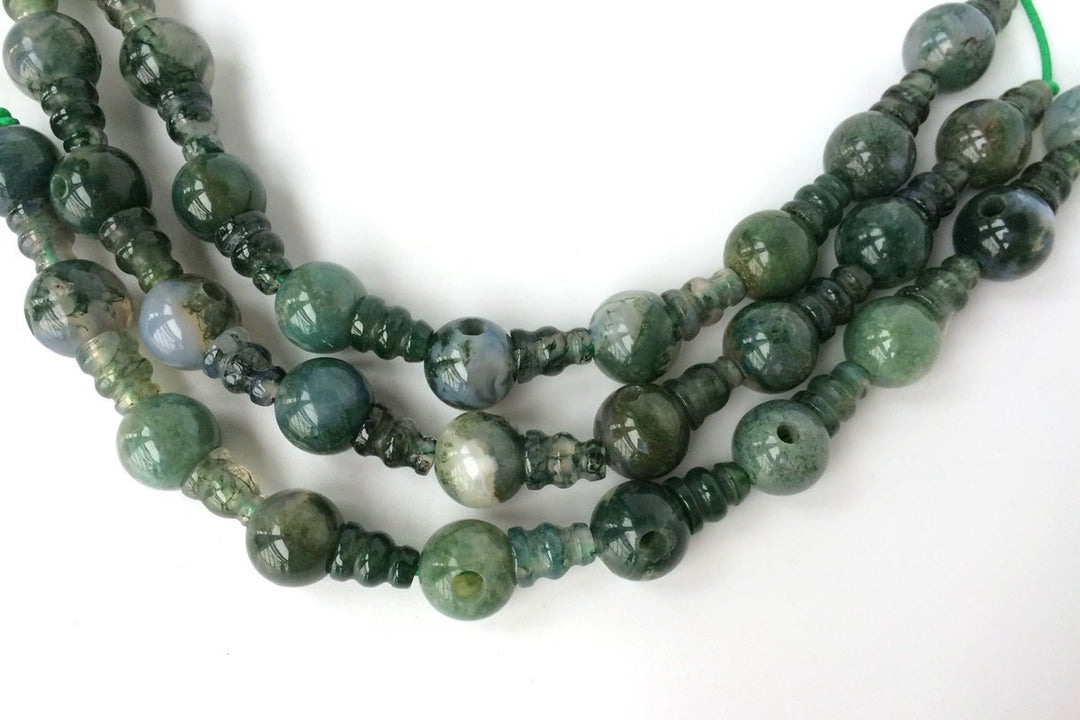 5 SETS 10mm Green Moss agate T hole beads set, Guru Mala Cones Beads