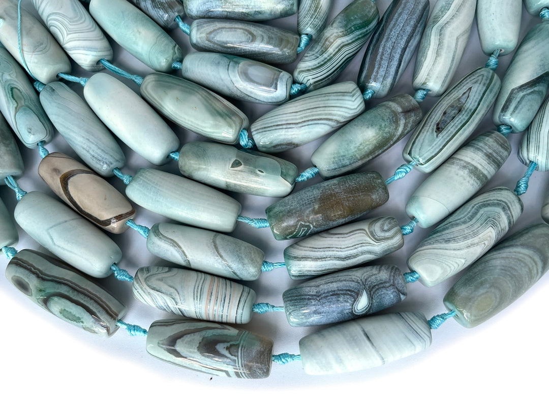 8PCS 13x40mm Greenish blue stripe dream agate rice beads