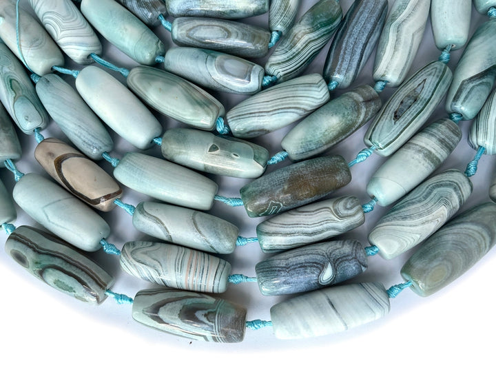 8PCS 13x40mm Greenish blue stripe dream agate rice beads