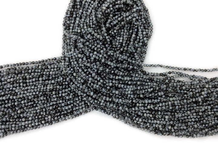 15.5" Natural Snowflake Obsidian 2mm round beads, small black white semi-precious stone