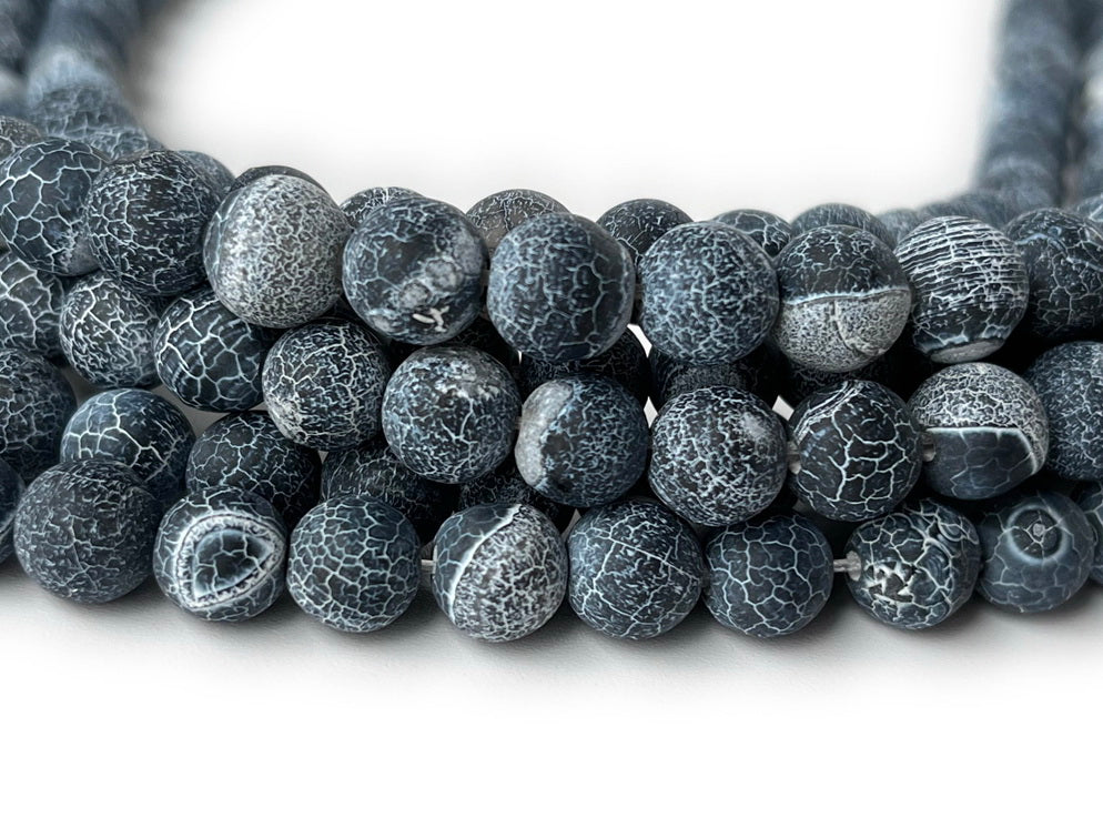 15" 6mm frosted black dream fire dragon veins Agate Round beads