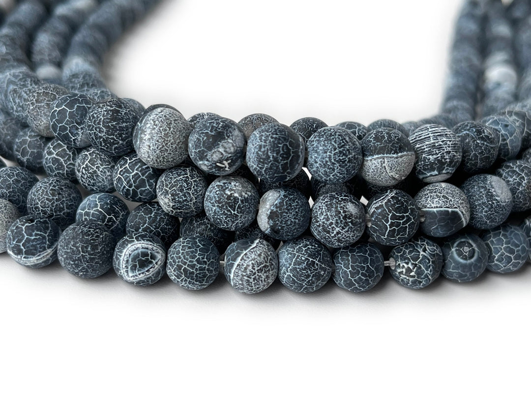 15" 8mm/10mm/12mm frosted black dream fire dragon veins Agate Round beads
