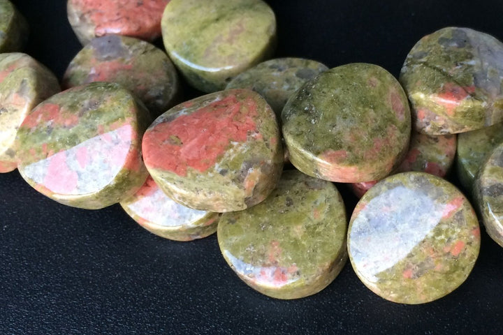 15.5" 16mm natural unakite twisted coin, unakite wave coin, semi precious stone