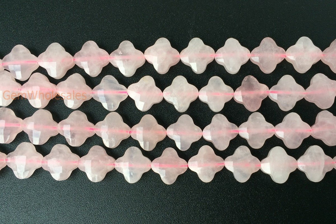 15.5" Natural Rose quartz Quatrefoil flower Beads 13mm, pink semi-precious stone