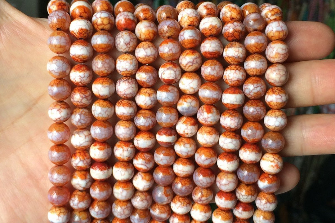 14.5" Red color Bulk tibetan Dzi beads 8mm, Red Dzi agate with white line on center