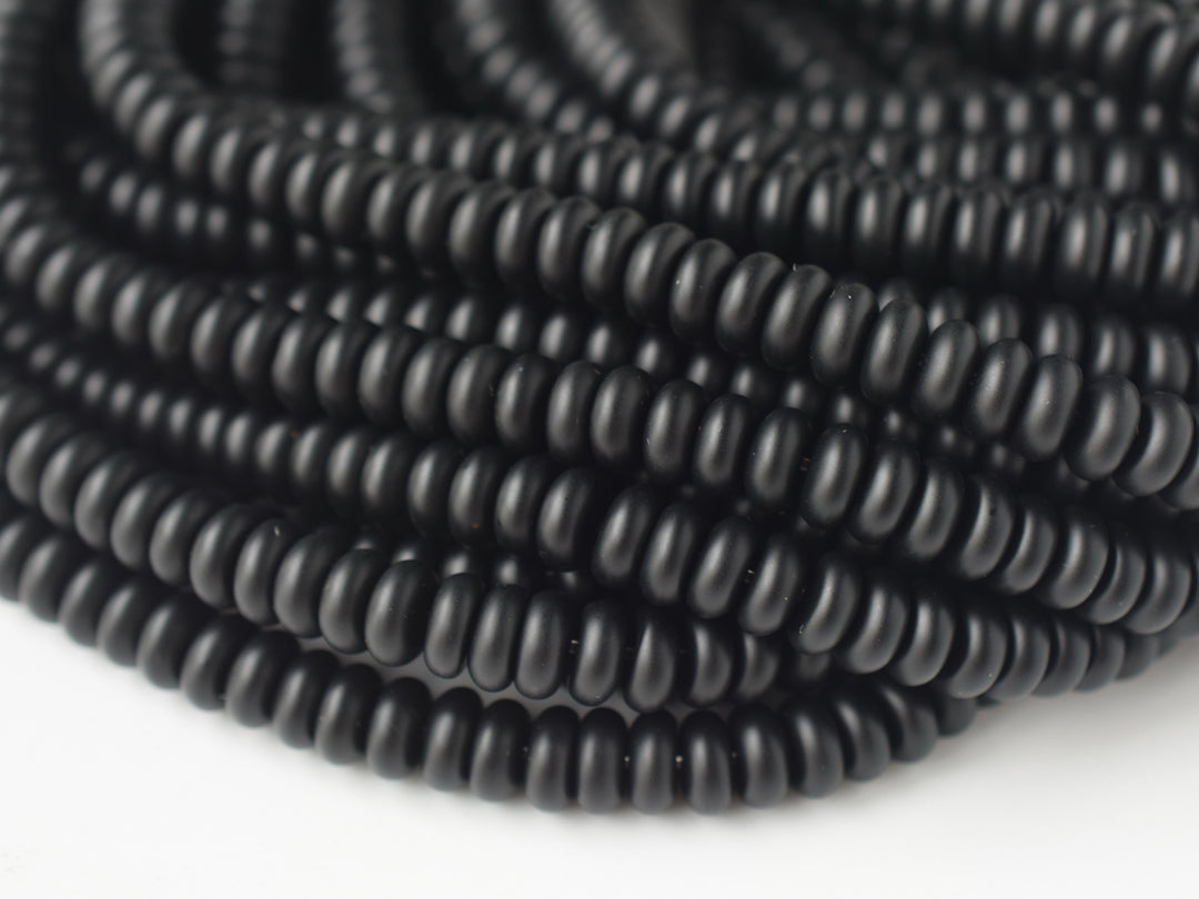 15.5" Matte/frosted black onyx/agate 4x8mm roundel beads, rondelle