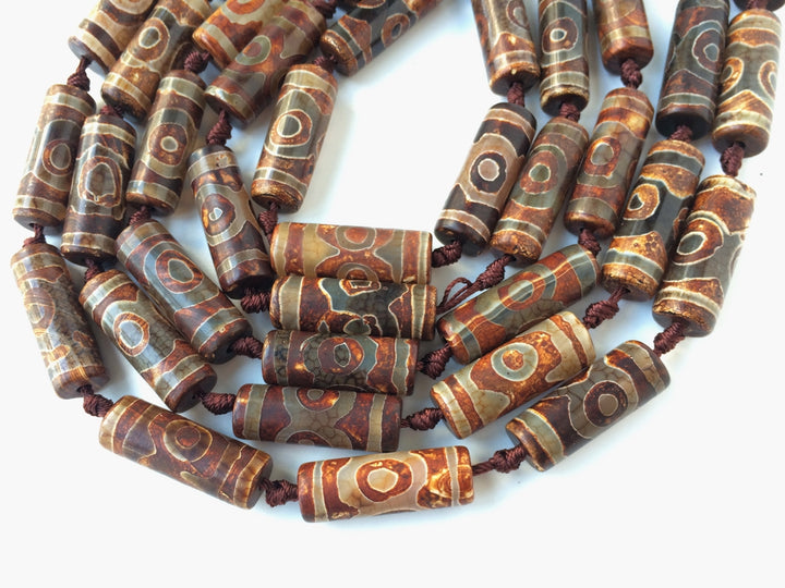 14" Antique Brown Bulk tibetan Dzi agate cylinder tube beads 10x30mm