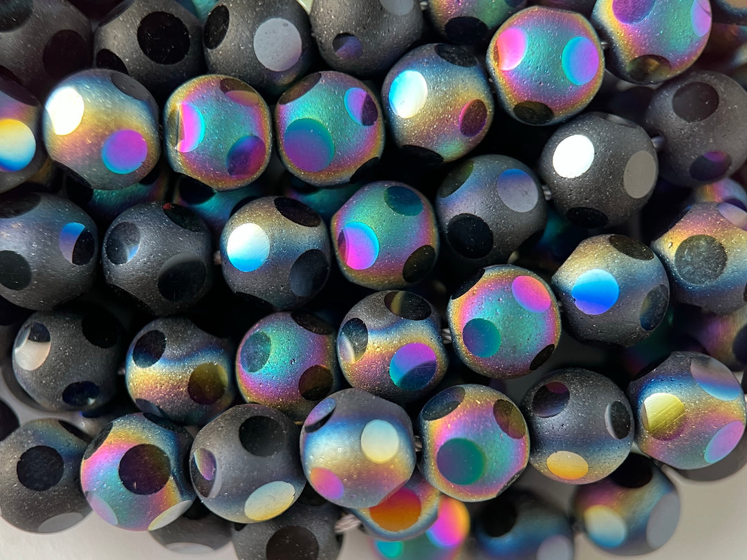 15" 8mm/10mm rainbow black glass football cutting round faceted beads