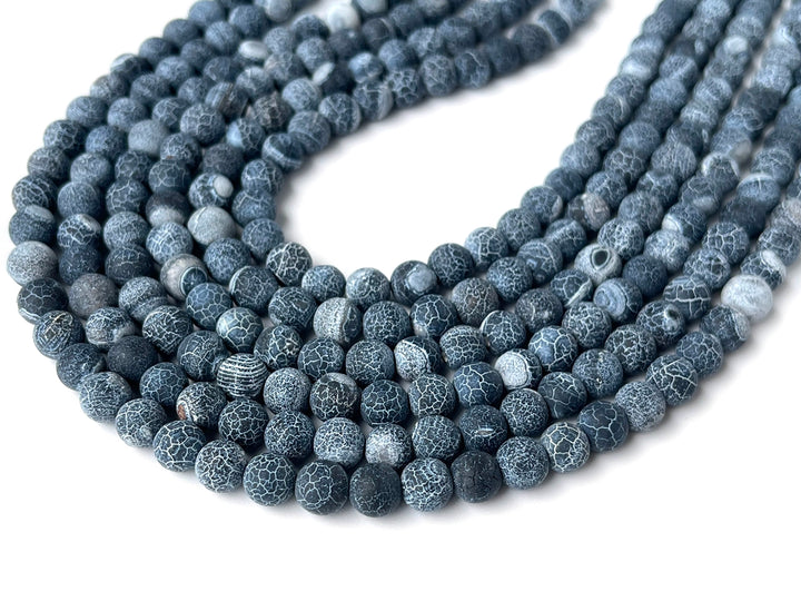 15" 8mm/10mm/12mm frosted black dream fire dragon veins Agate Round beads