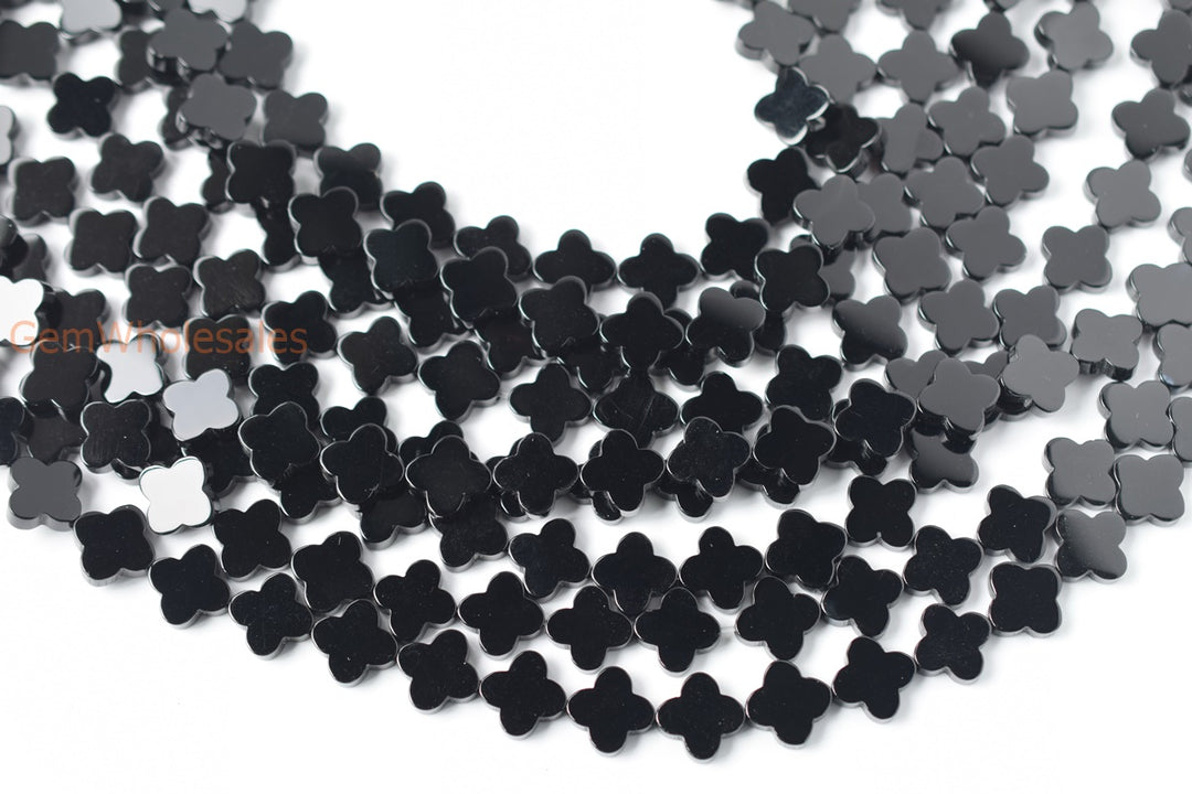 15.5" 12mm Black onyx/agate four leaf clover/quatrefoil beads