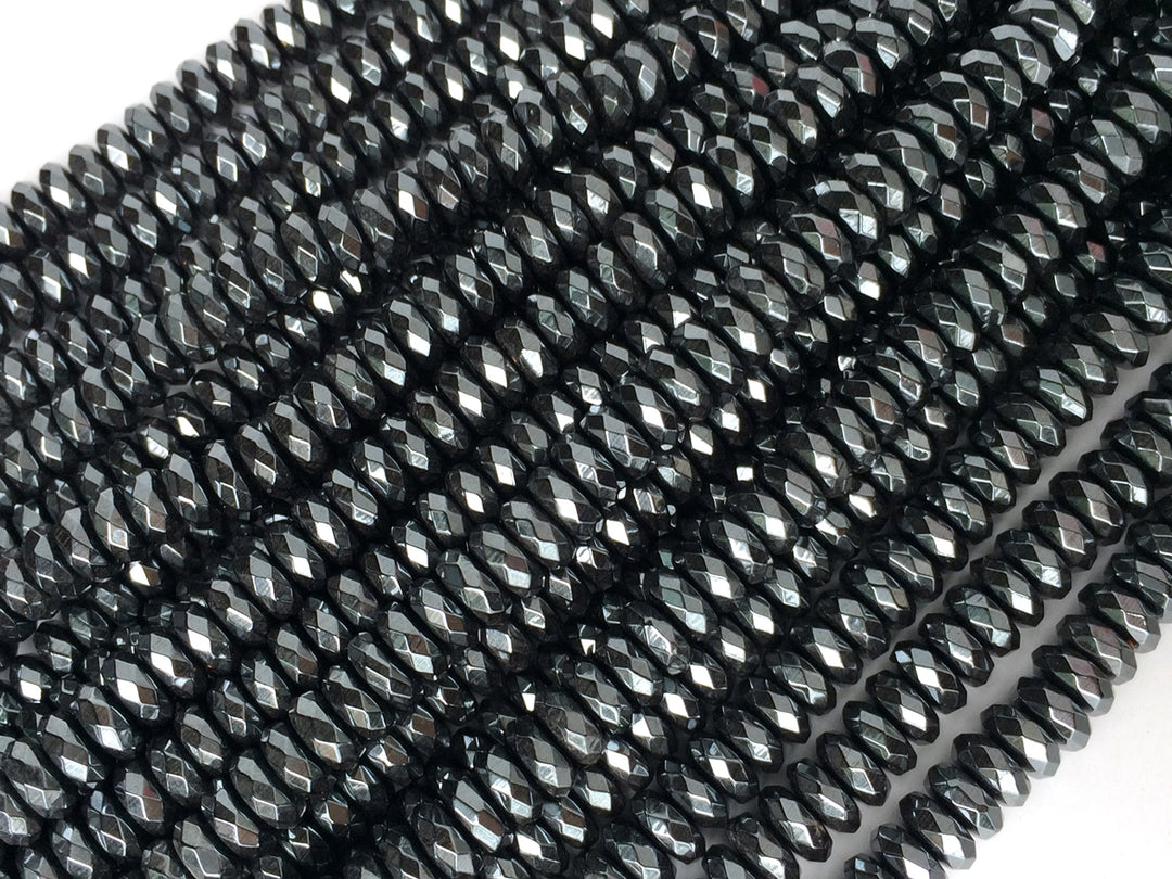 15.5" 3x6mm Natural hematite stone roundel faceted beads, Noir Black