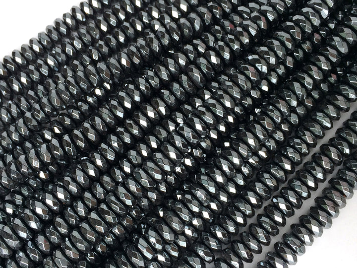15.5" 3x6mm Natural hematite stone roundel faceted beads, Noir Black