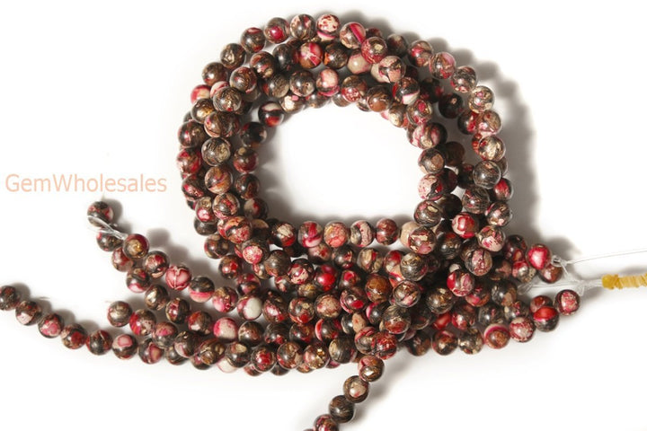 15.5" 6mm/8mm Red Impression Jasper & Gold copper bornite round beads,Sea Sediment,Aqua Terra Jasper