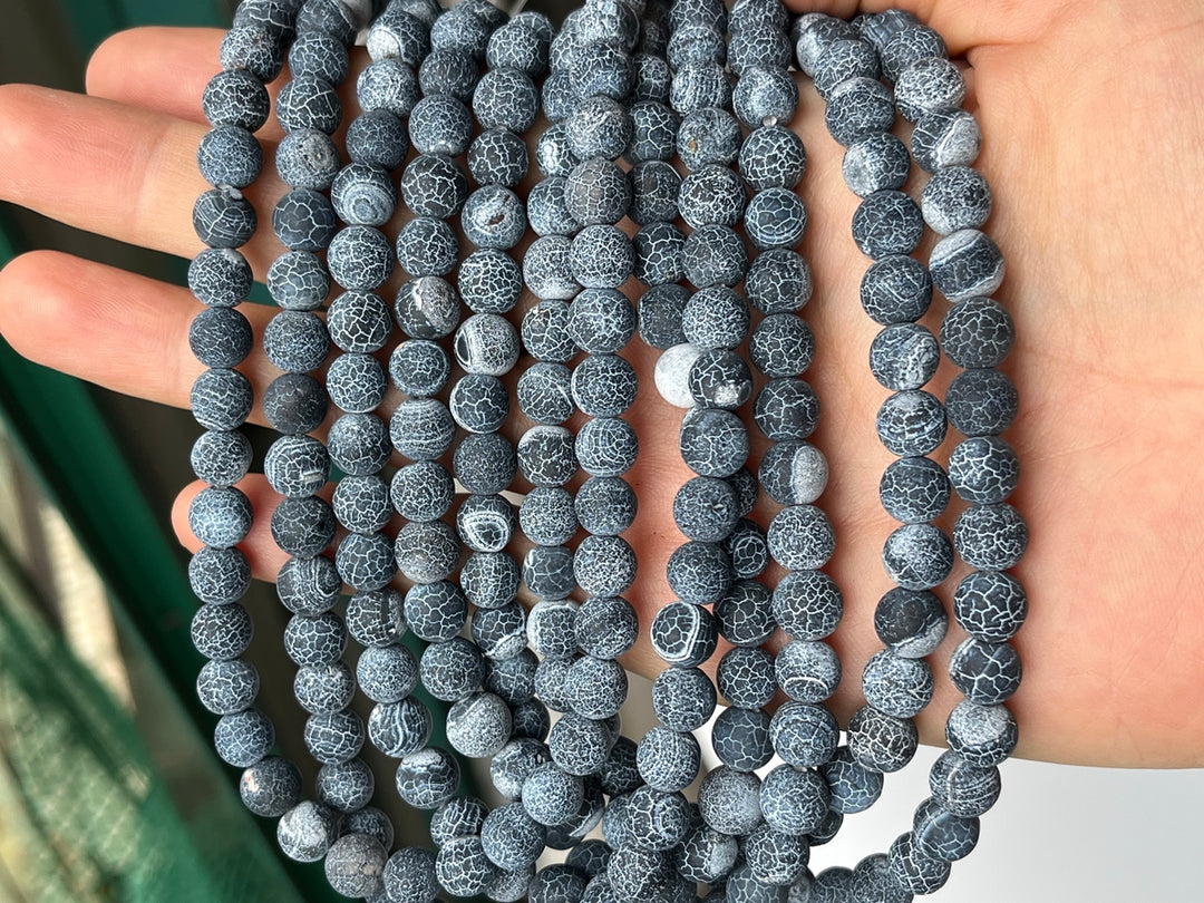 15" 8mm/10mm/12mm frosted black dream fire dragon veins Agate Round beads