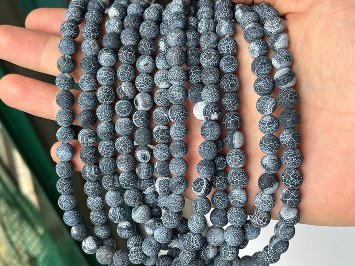 15" 8mm/10mm/12mm frosted black dream fire dragon veins Agate Round beads