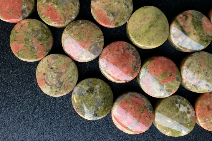 15.5" 16mm natural unakite twisted coin, unakite wave coin, semi precious stone