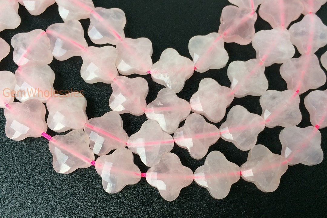 15.5" Natural Rose quartz Quatrefoil flower Beads 13mm, pink semi-precious stone