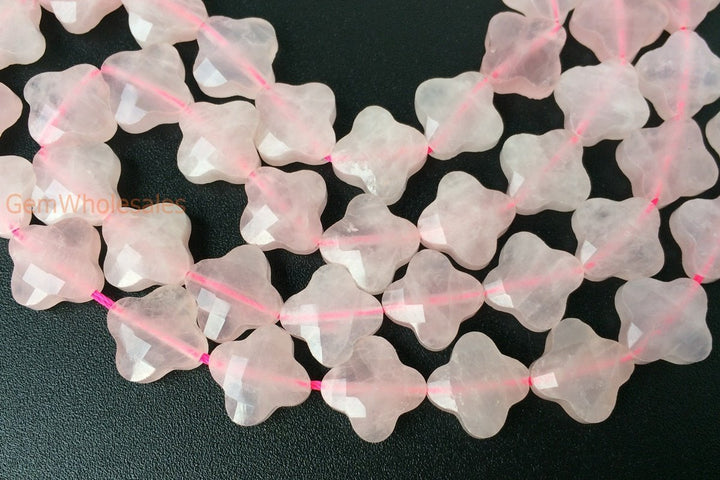 15.5" Natural Rose quartz Quatrefoil flower Beads 13mm, pink semi-precious stone