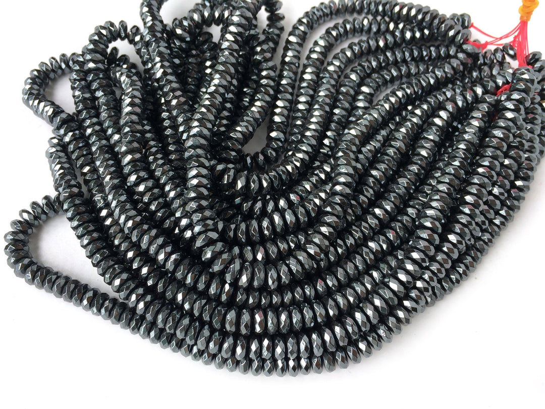 15.5" 3x6mm Natural hematite stone roundel faceted beads, Noir Black