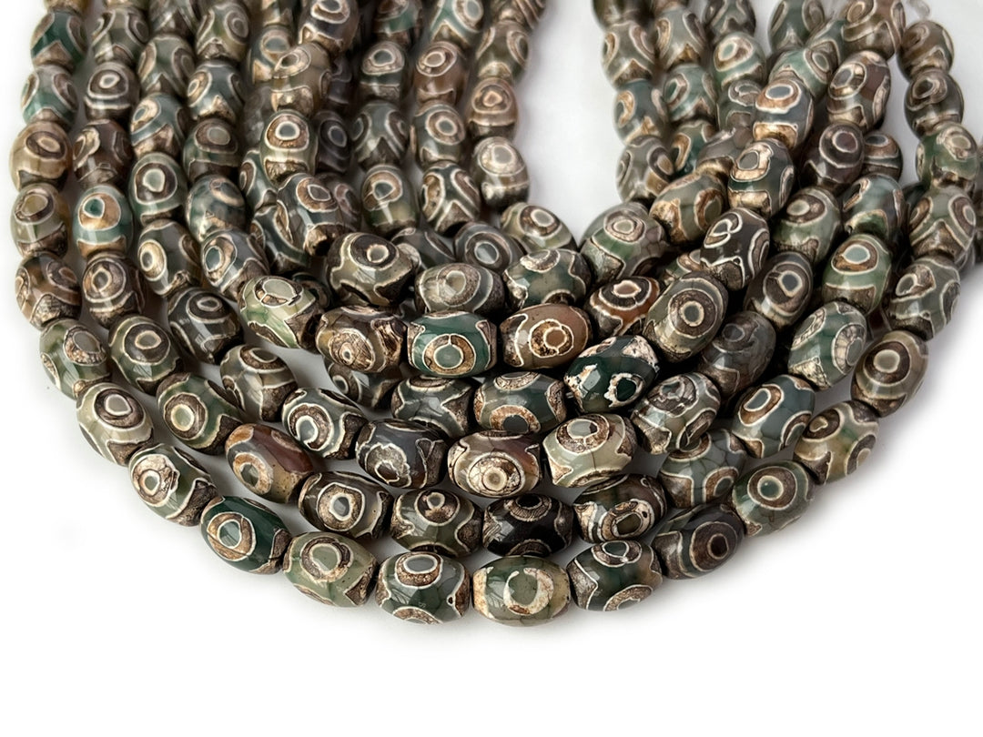 14" 10x14mm Antique green Bulk tibetan Dzi agate barrel beads, rice beads