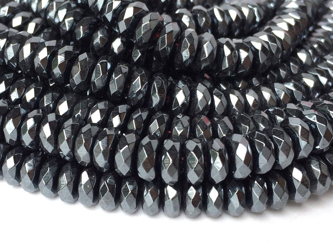 15.5" 3x6mm Natural hematite stone roundel faceted beads, Noir Black