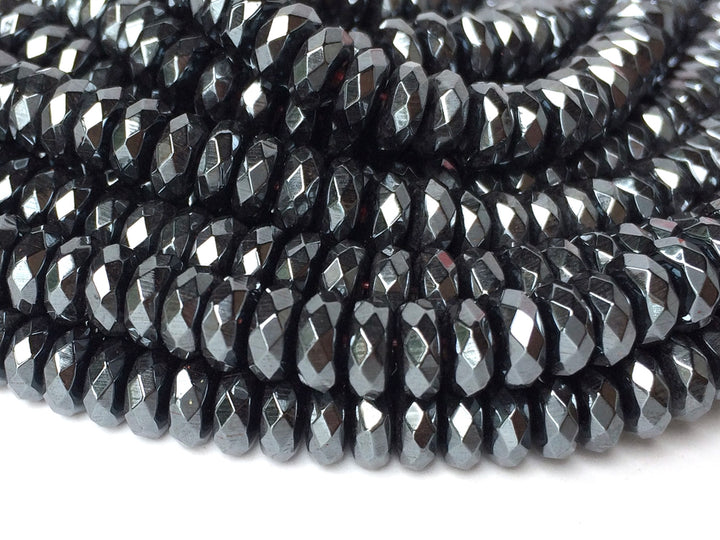 15.5" 3x6mm Natural hematite stone roundel faceted beads, Noir Black