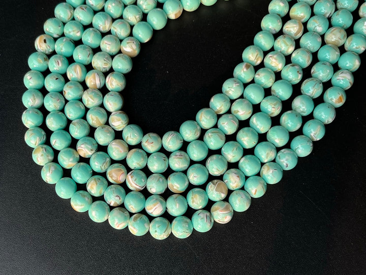 15.5" 6/8/10mm Green Turquoise With Shell Inlay round beads MTL