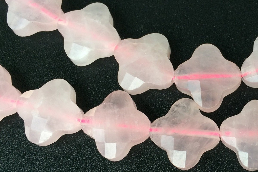 15.5" Natural Rose quartz Quatrefoil flower Beads 13mm, pink semi-precious stone