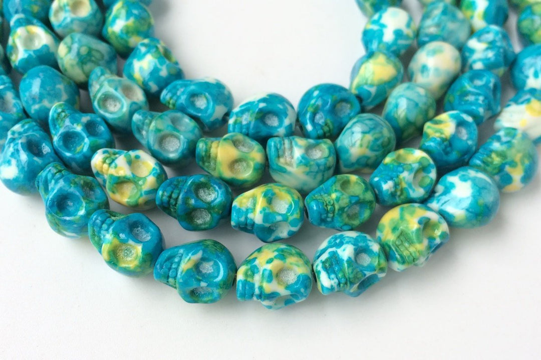 15.5" 10mm/12mm Dyed blue yellow rain flower stone skull