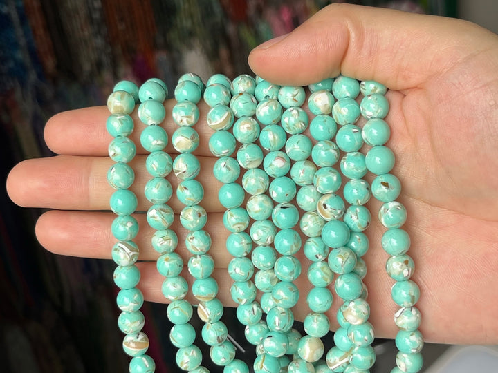15.5" 6/8/10mm Green Turquoise With Shell Inlay round beads MTL