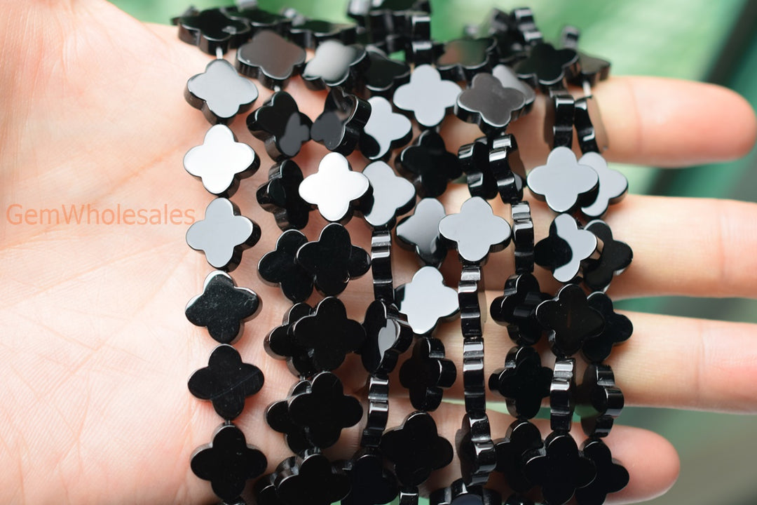 15.5" 12mm Black onyx/agate four leaf clover/quatrefoil beads