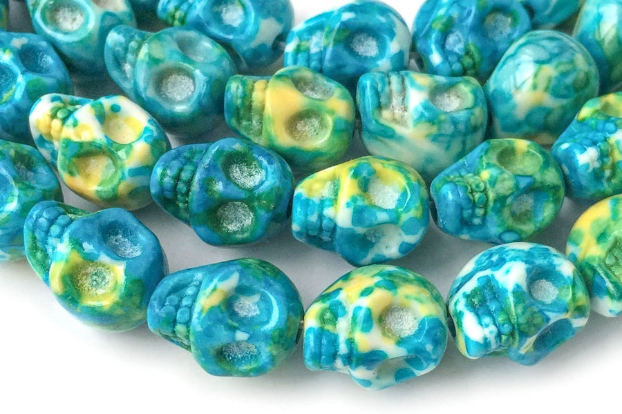 15.5" 10mm/12mm Dyed blue yellow rain flower stone skull