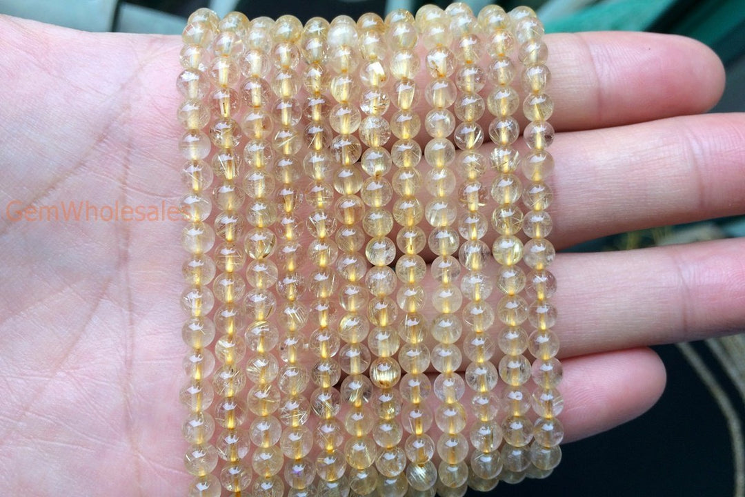 15.5" 4mm A Natural golden hair rutilated quartz round crystal beads