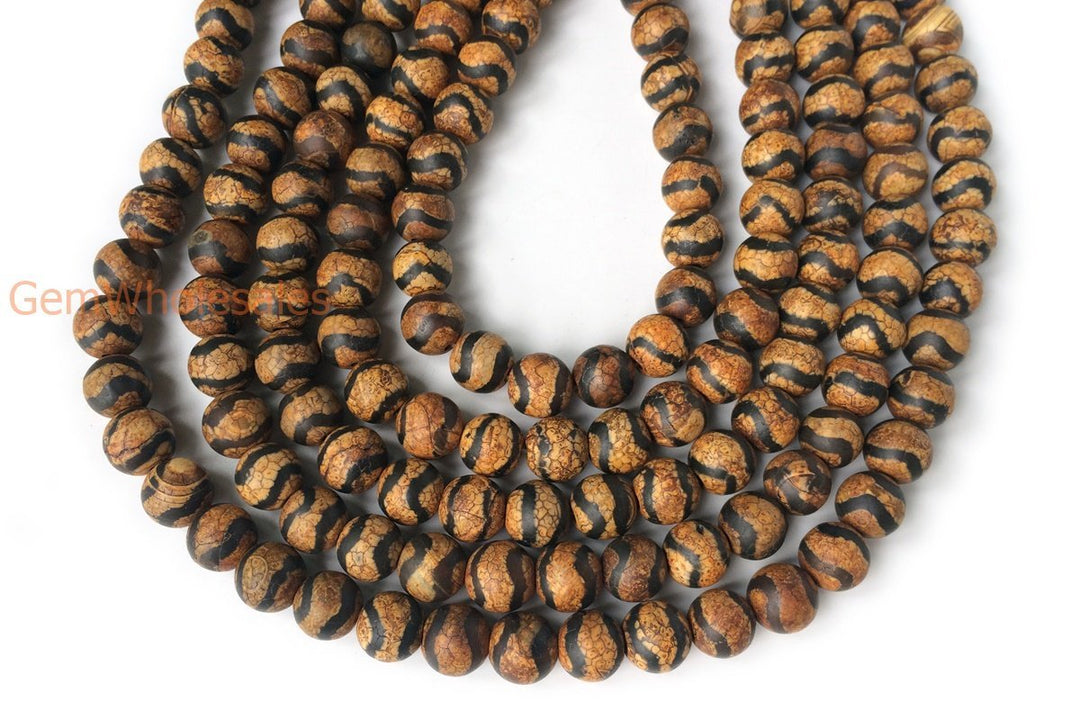14.5” 10mm Antique Brown Bulk tibetan Dzi agate round beads wave
