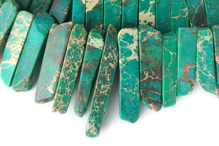 15.5" 20~50*6mm Dark green Aqua Terra Jasper graduated,Top Drilled Stick beads, imperssion jasper Slab