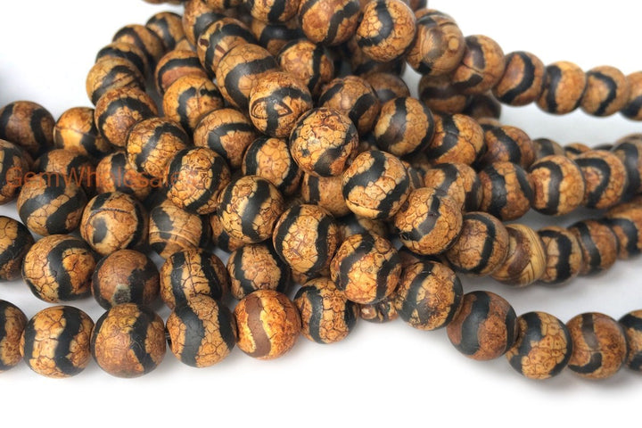 14.5” 10mm Antique Brown Bulk tibetan Dzi agate round beads wave