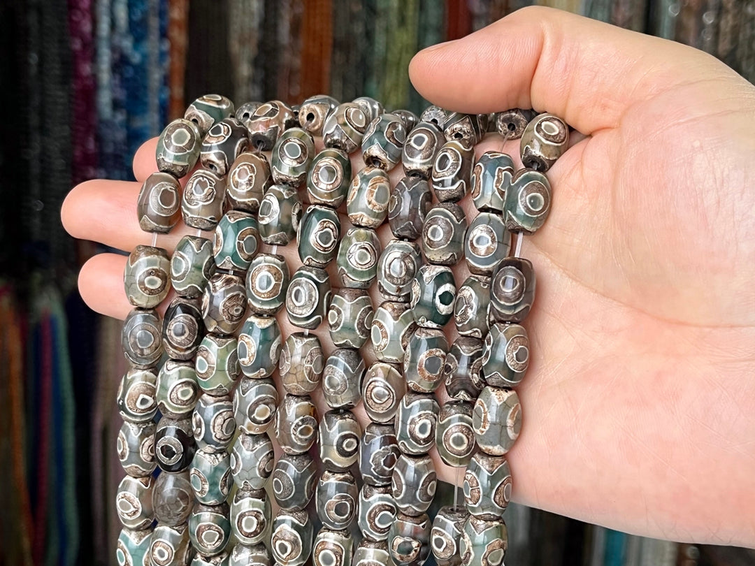 14" 10x14mm Antique green Bulk tibetan Dzi agate barrel beads, rice beads