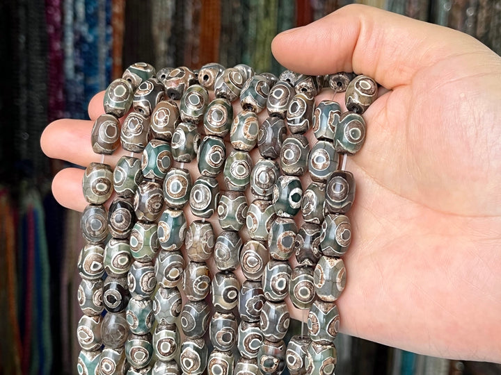 14" 10x14mm Antique green Bulk tibetan Dzi agate barrel beads, rice beads