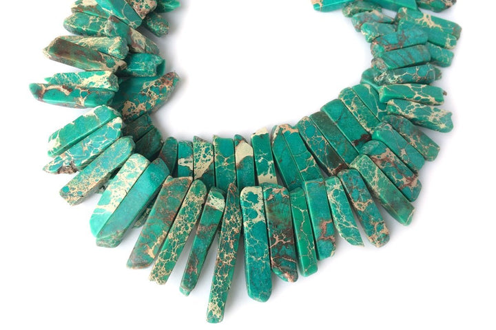 15.5" 20~50*6mm Dark green Aqua Terra Jasper graduated,Top Drilled Stick beads, imperssion jasper Slab