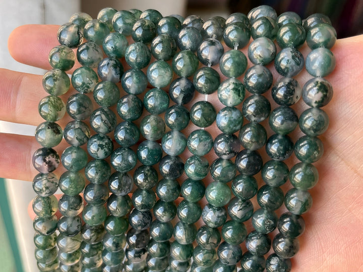 15" AA 8mm natural green moss Agate Round beads