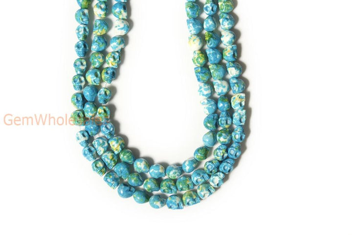 15.5" 10mm/12mm Dyed blue yellow rain flower stone skull